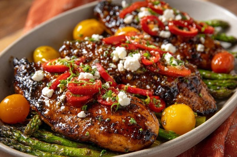 Glasiertes Hähnchen mit Spargel und Feta