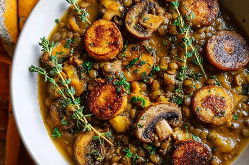 Herzhaftes Linsen-Pilz-Ragout mit goldbraunen Süßkartoffel-Talern