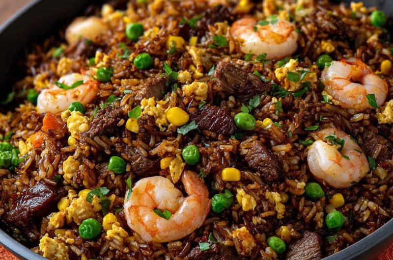 Herzhaftes Rindfleisch-Garnelen-Reisgericht