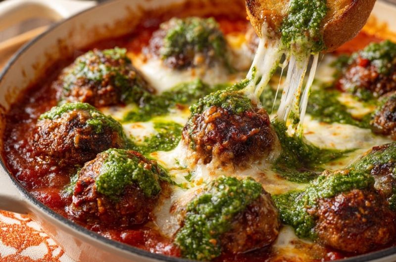 Saftige Hackbällchen in Tomatensoße mit Käse und Pesto