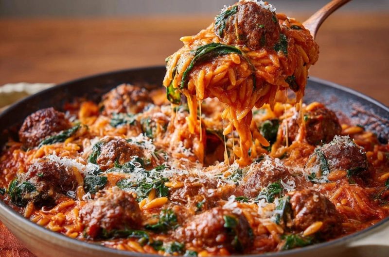 Saftige Hackbällchen mit Orzo und Spinatpfanne