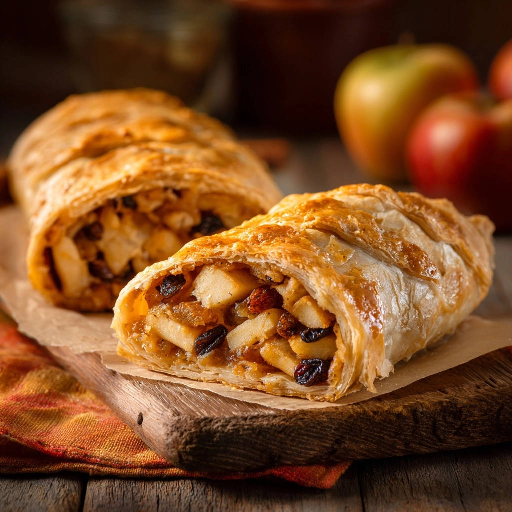 Apfelstrudel Klassiker angeschnitten, zeigt saftige Füllung aus Äpfeln und Rosinen mit goldbraunem Gebäck.