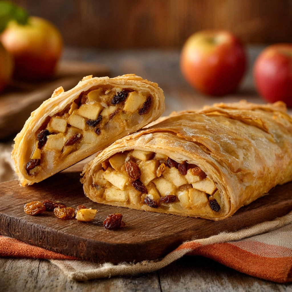 Apfelstrudel Klassiker angeschnitten, zeigt die reiche Füllung aus Äpfeln und Rosinen im zarten Teig.