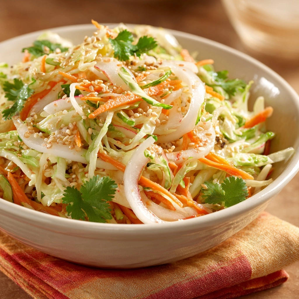 Knackiger Asia-Krautsalat, eine Nahaufnahme mit Sesam und frischem Koriander garniert in einer Schüssel.