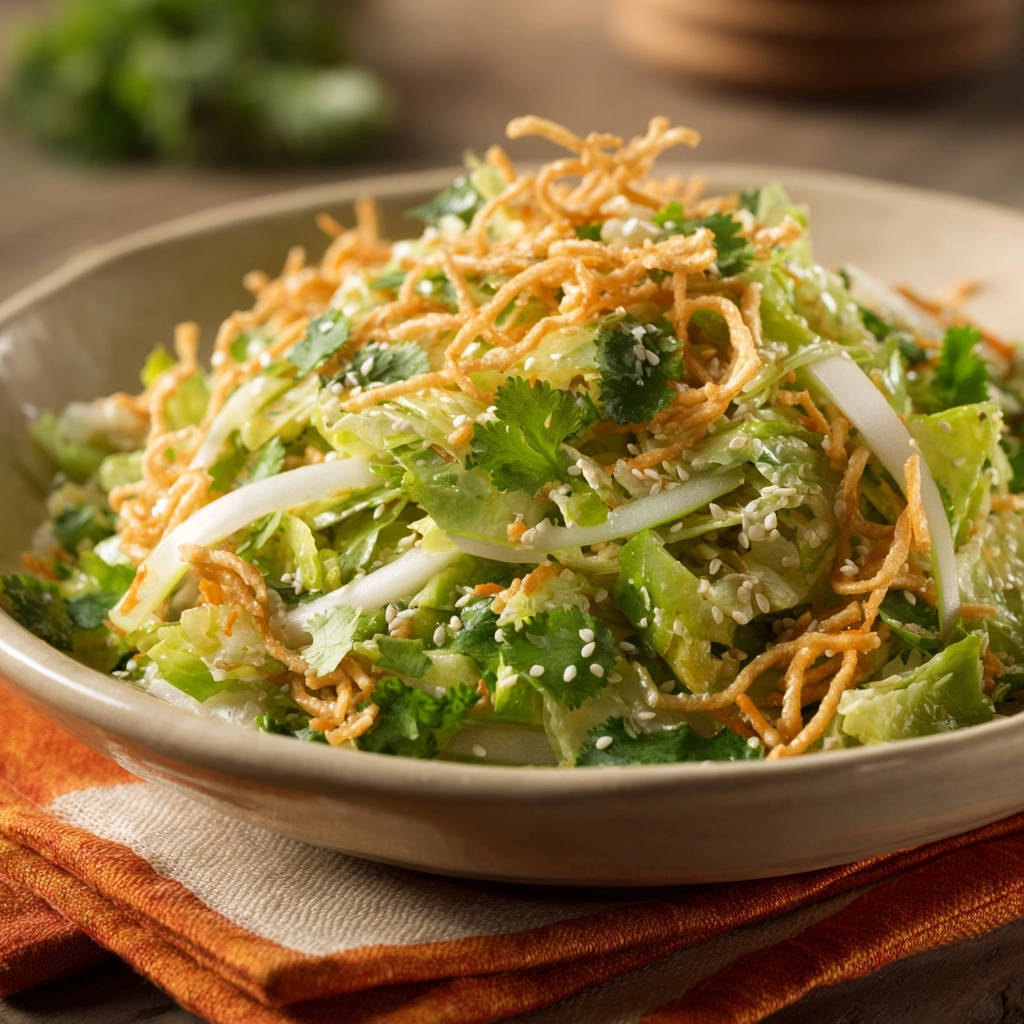 Knackiger Asia-Krautsalat mit frischen Kräutern und knusprigen Topping-Nudeln in einer Schüssel