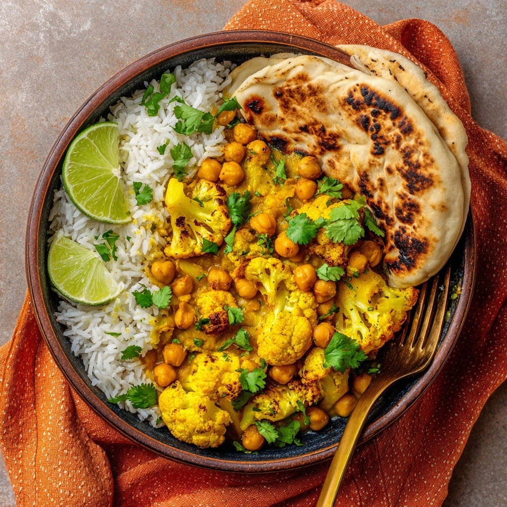 Cremiges Blumenkohl-Kichererbsen-Curry serviert mit Reis, Naan-Brot und Limettenspalten in einer Schüssel.