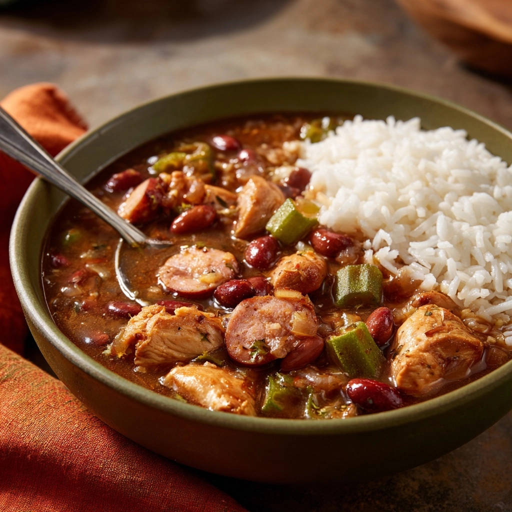 Herzhafter Hähnchen-Okra-Eintopf mit Reis, eine Nahaufnahme mit viel Hähnchenfleisch, Wurst und Okraschoten in der dunklen Sauce.