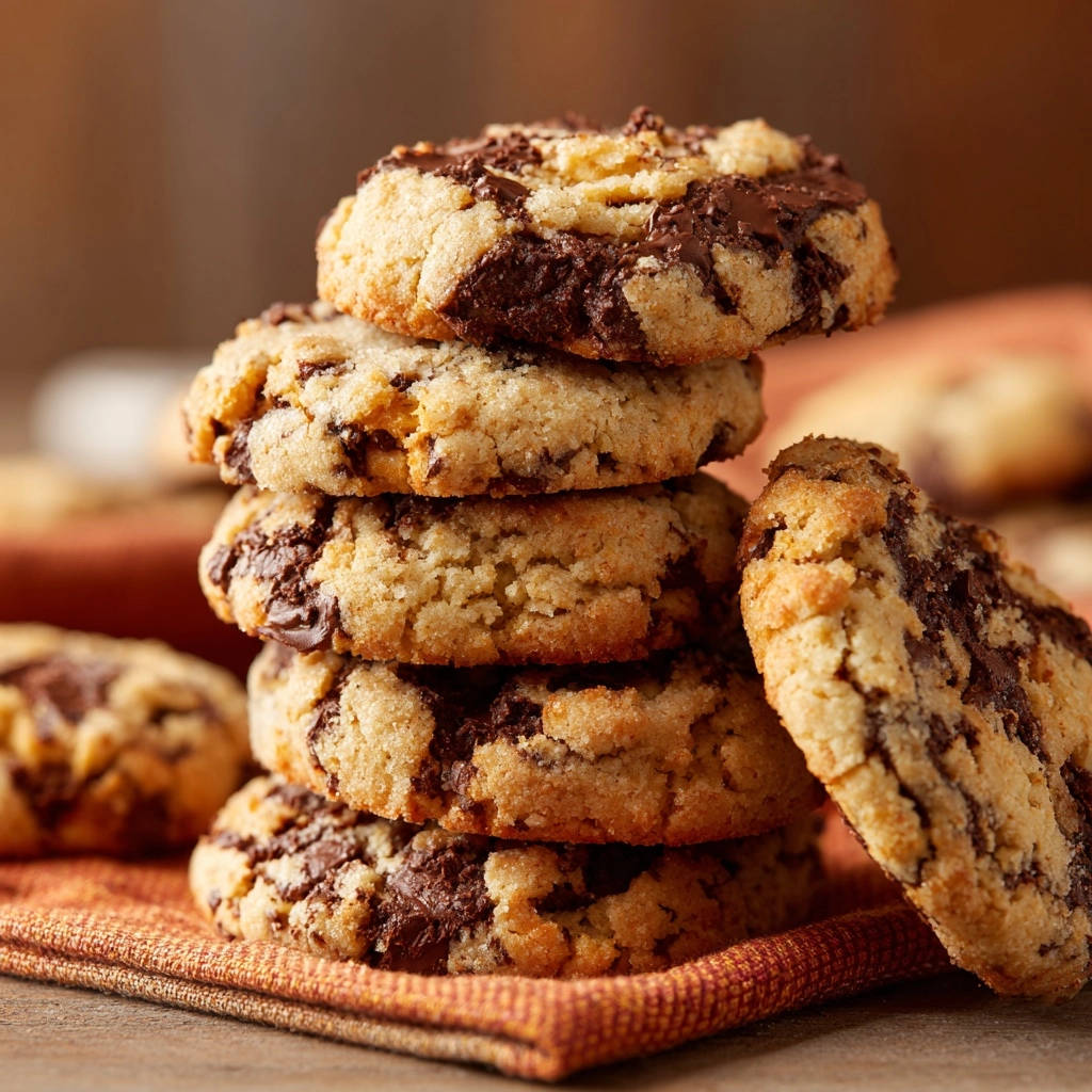 Meine Geheimnis für die besten Chocolate Chip Cookies sind diese gestapelten und knackigen Kekse, die in Nahaufnahme zu sehen sind.