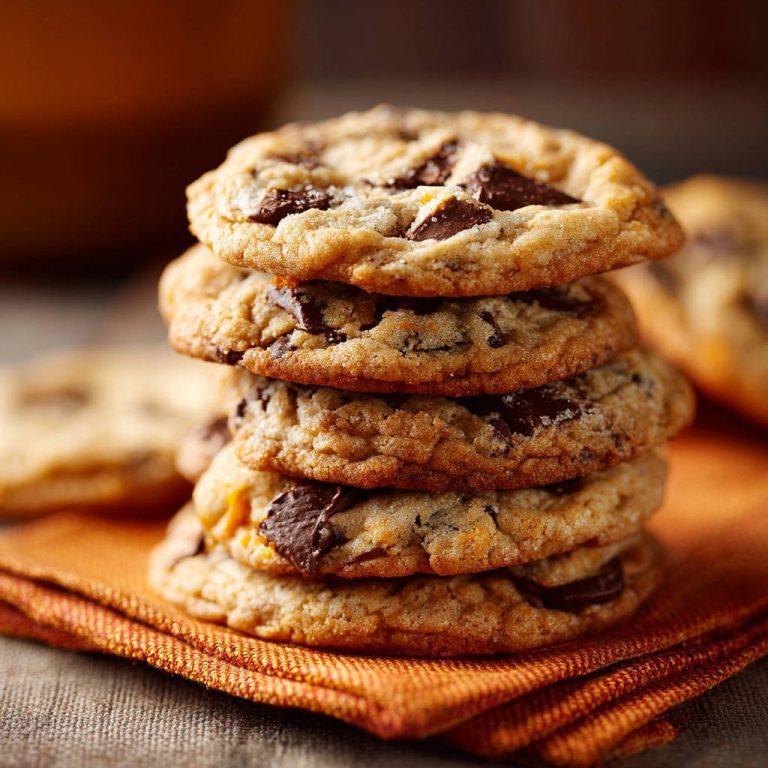 Die besten Chocolate Chip Cookies sind hier als Stapel mit Schokoladenstückchen nahaufgenommen auf einem orangefarbenen Tuch zu sehen.