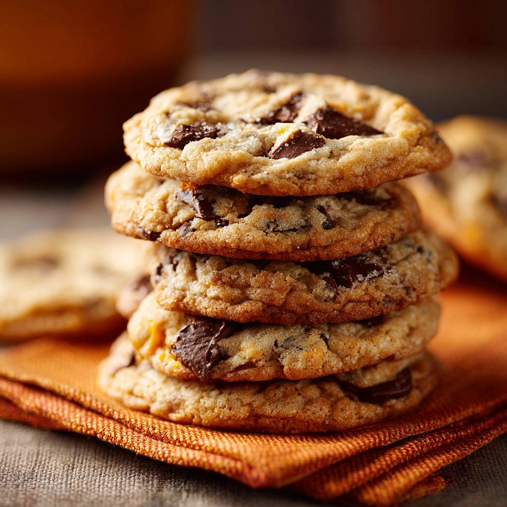 Die besten Chocolate Chip Cookies sind hier als Stapel mit Schokoladenstückchen nahaufgenommen auf einem orangefarbenen Tuch zu sehen.