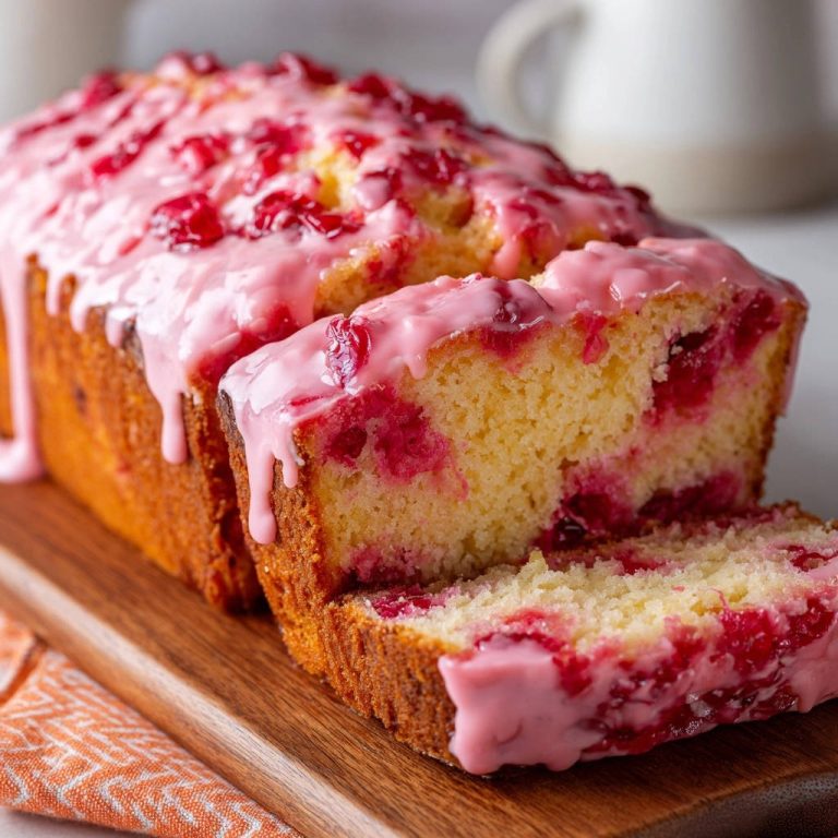 Saftiger Cranberry-Kuchen aus der Kastenform angeschnitten mit rosa Glasur und sichtbaren Beeren im Inneren