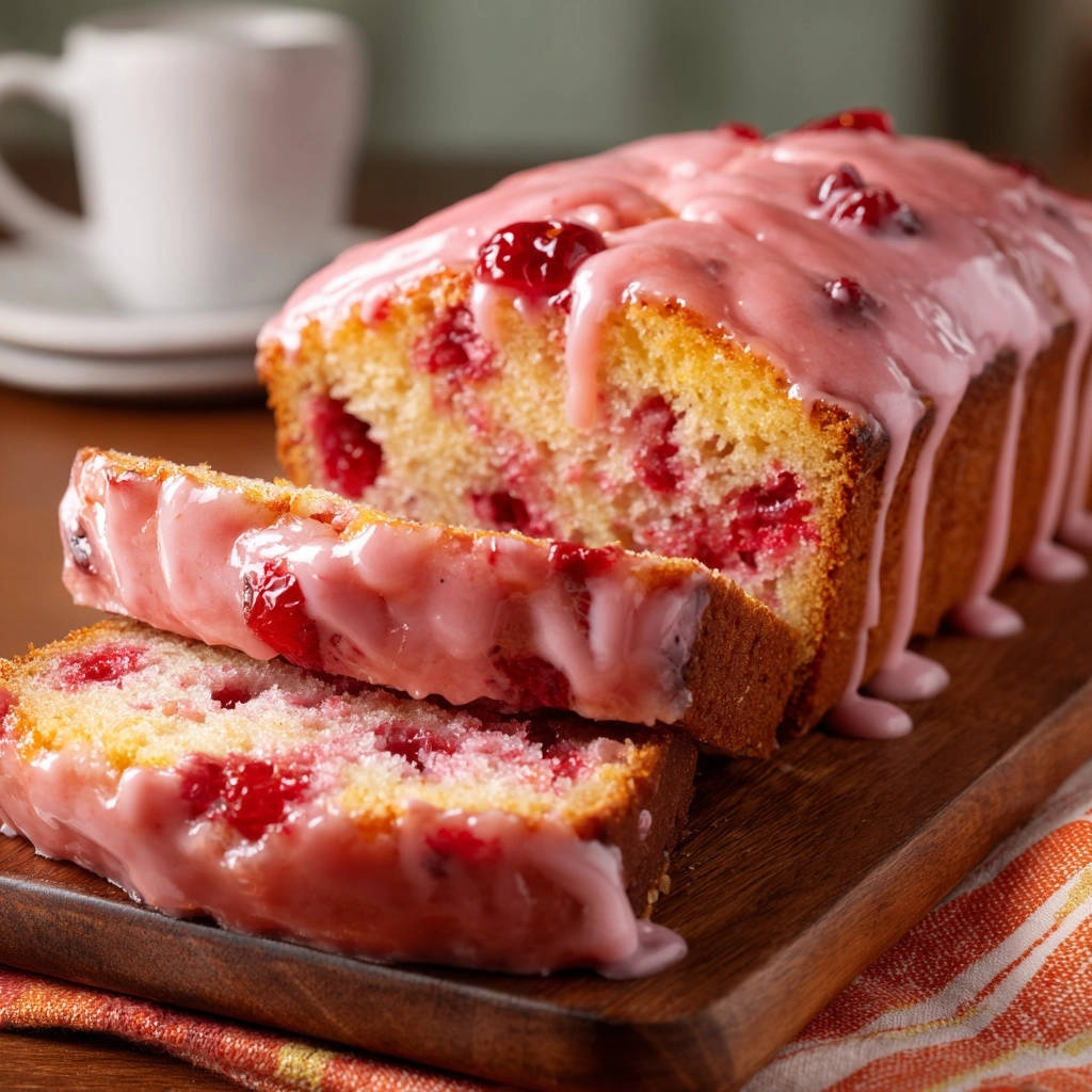 Saftiger Cranberry-Kuchen aus der Kastenform angeschnitten mit einer rosa Beeren-Glasur und ganzen Beeren obendrauf.