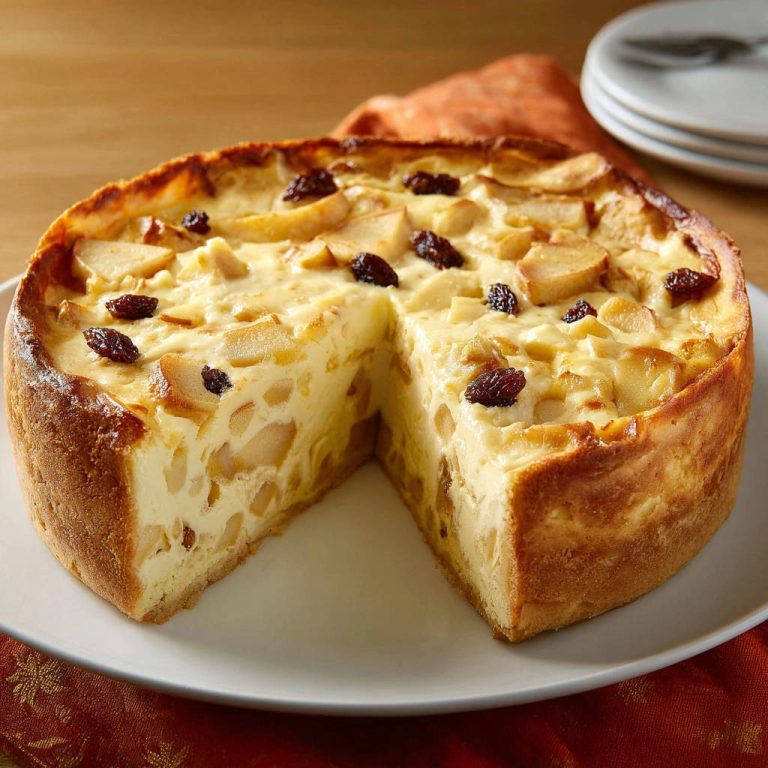 Cremiger Apfel-Rosinen-Käsekuchen angeschnitten mit Rosinen und Apfelstücken, auf einem Teller serviert