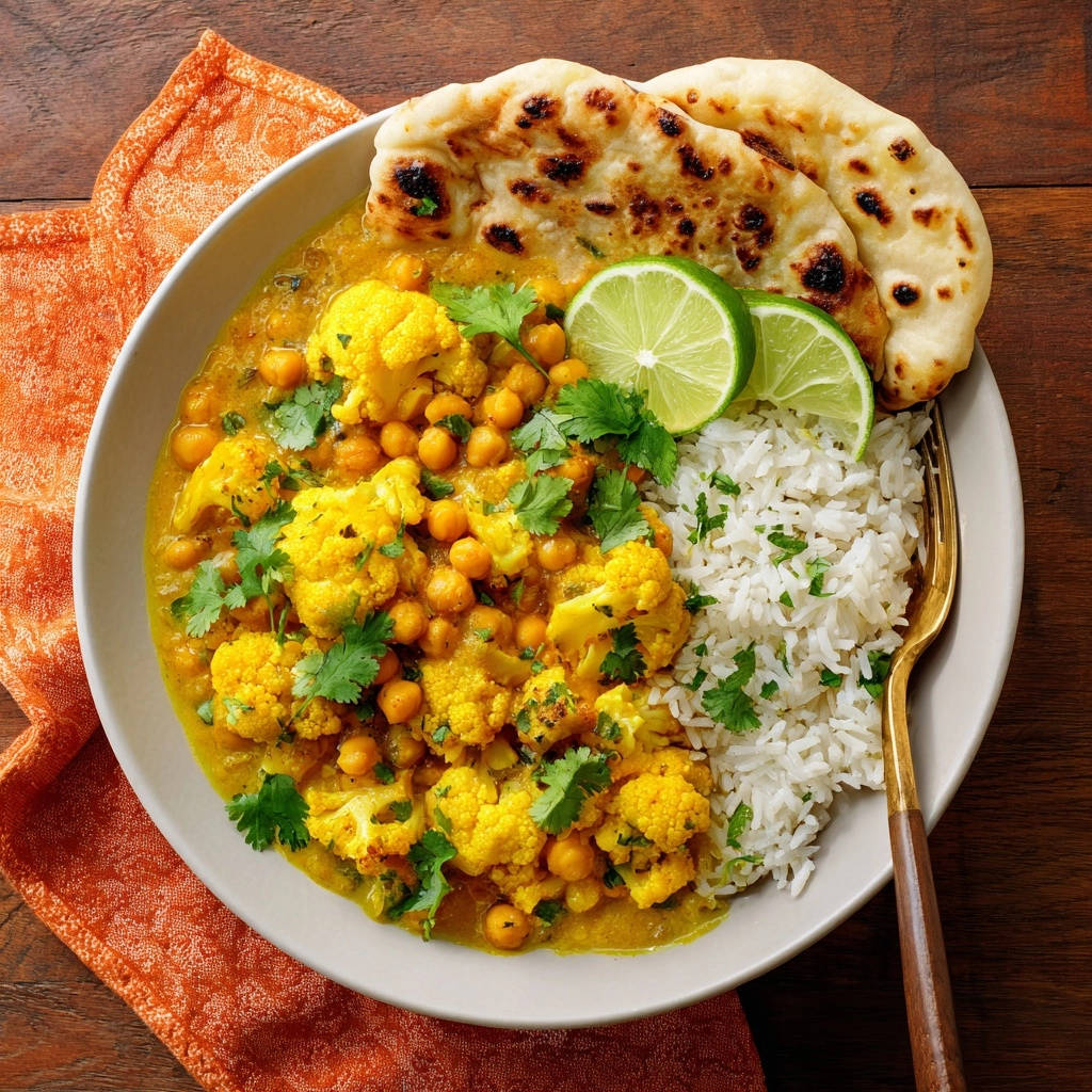 Cremiges Blumenkohl-Kichererbsen-Curry mit Reis und Naan-Brot, garniert mit Koriander und Limette, aus der Vogelperspektive fotografiert.