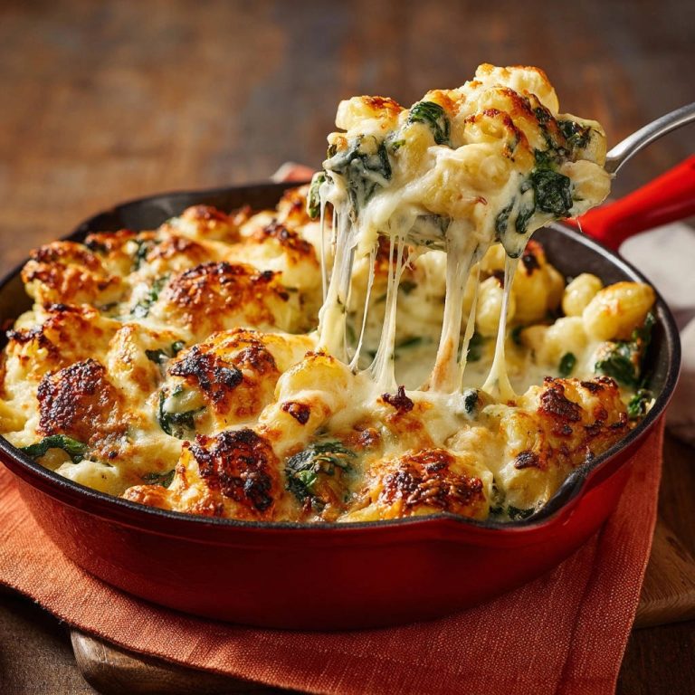 Cremige Gnocchi-Pfanne mit Spinat-Käse-Kruste, die mit geschmolzenem Käse aus einer Gabel gezogen wird.