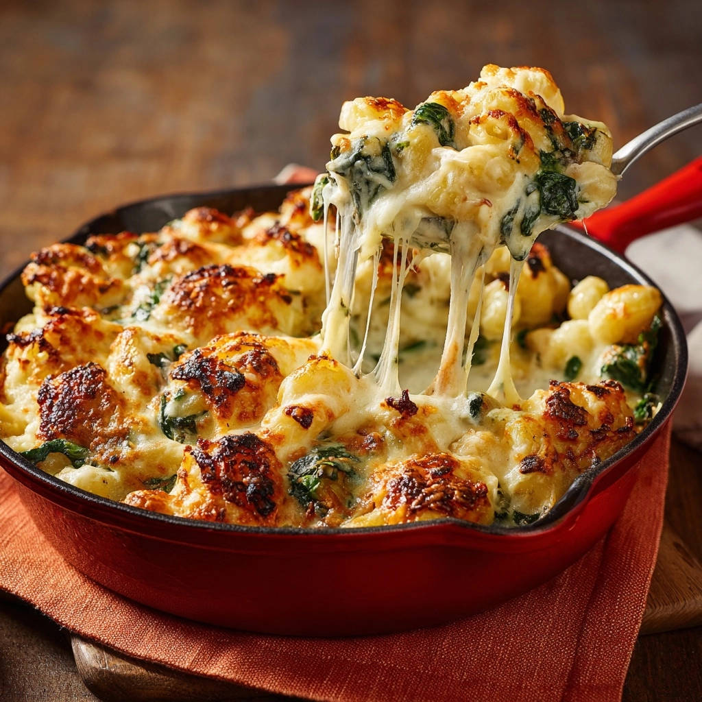 Cremige Gnocchi-Pfanne mit Spinat-Käse-Kruste, die mit geschmolzenem Käse aus einer Gabel gezogen wird.