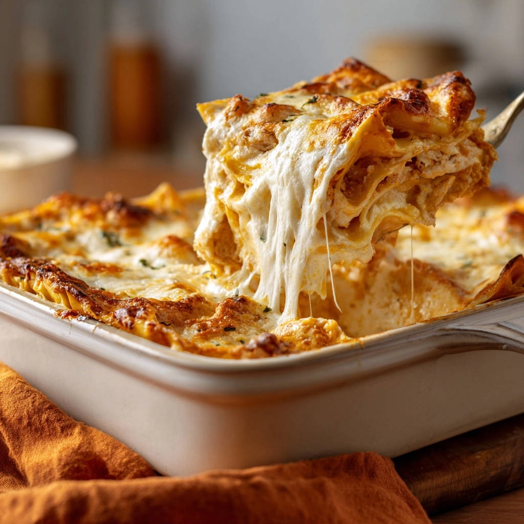 Cremige Hähnchen-Pilz-Lasagne mit heißem, geschmolzenem Käse, der beim Anheben einer Scheibe lang herausgezogen wird.