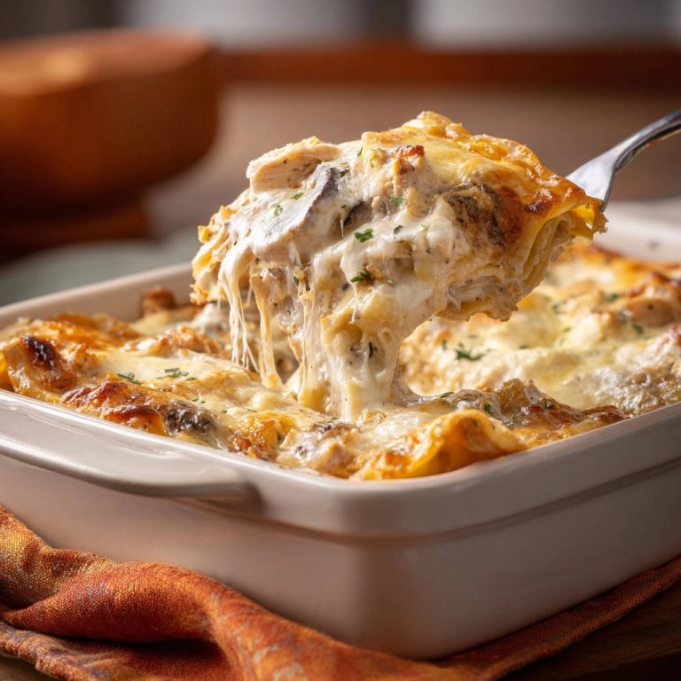 Cremige Hähnchen-Pilz-Lasagne, eine Portion wird mit einem Messer aus der Auflaufform gehoben und zeigt geschmolzenen Käse.