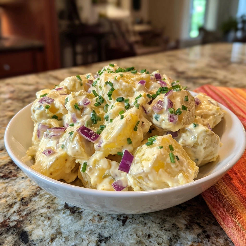 Cremiger Kartoffelsalat nach Omas Art, eine Nahaufnahme mit frischen Zwiebeln und Kräutern garniert.