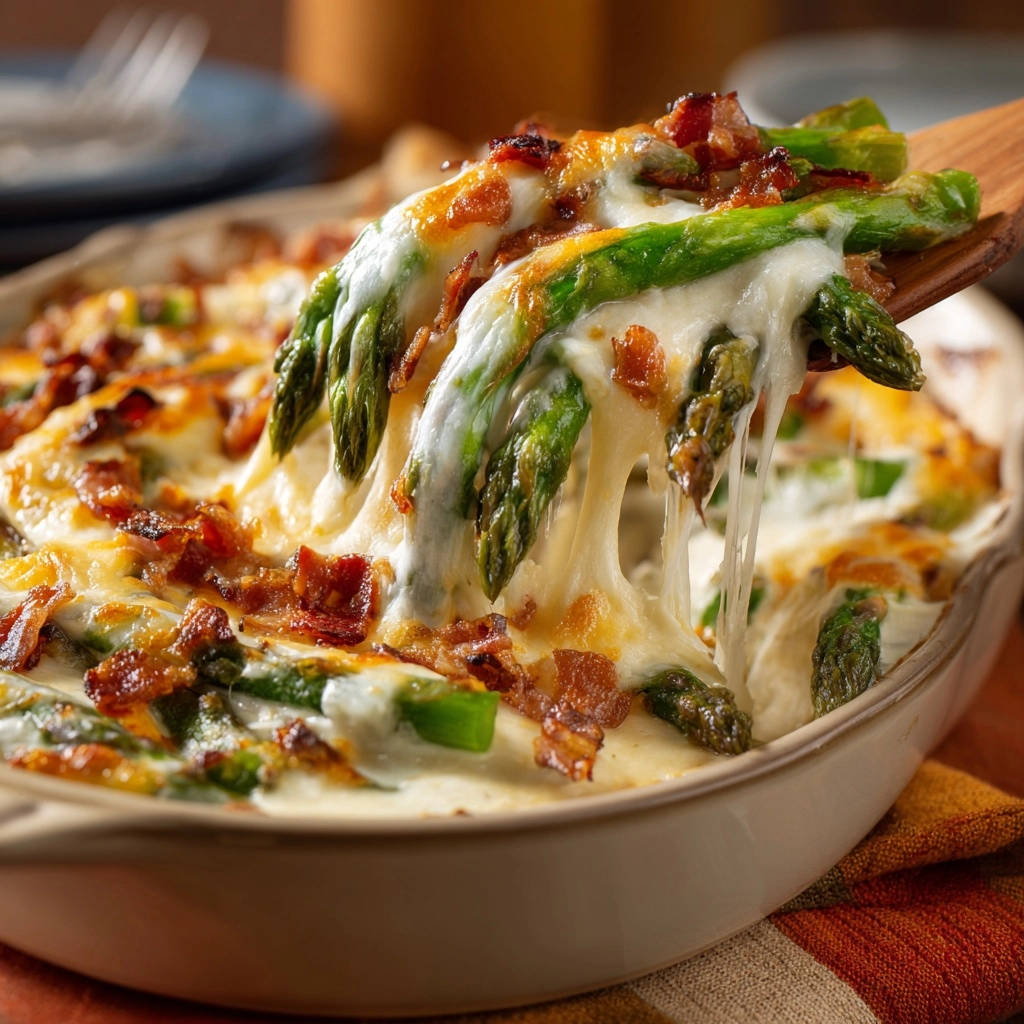 Cremiges Spargel-Käse-Gratin mit krossem Bacon, das mit einem Holzspatel herausgehoben wird und geschmolzenen Käse zeigt.