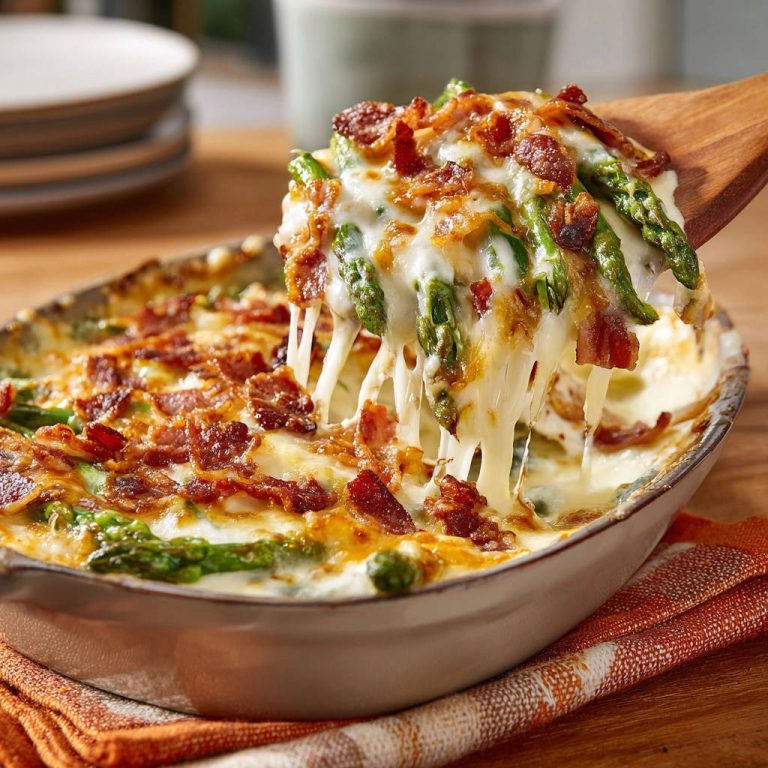 Cremiges Spargel-Käse-Gratin mit krossem Bacon wird mit einem Holzlöffel serviert, wobei der geschmolzene Käse Fäden zieht.