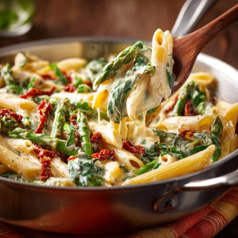 Cremige Spargel-Spinat Pasta mit getrockneten Tomaten, nahaufnahme mit einem Holzlöffel, der die Pasta aus der Pfanne hebt