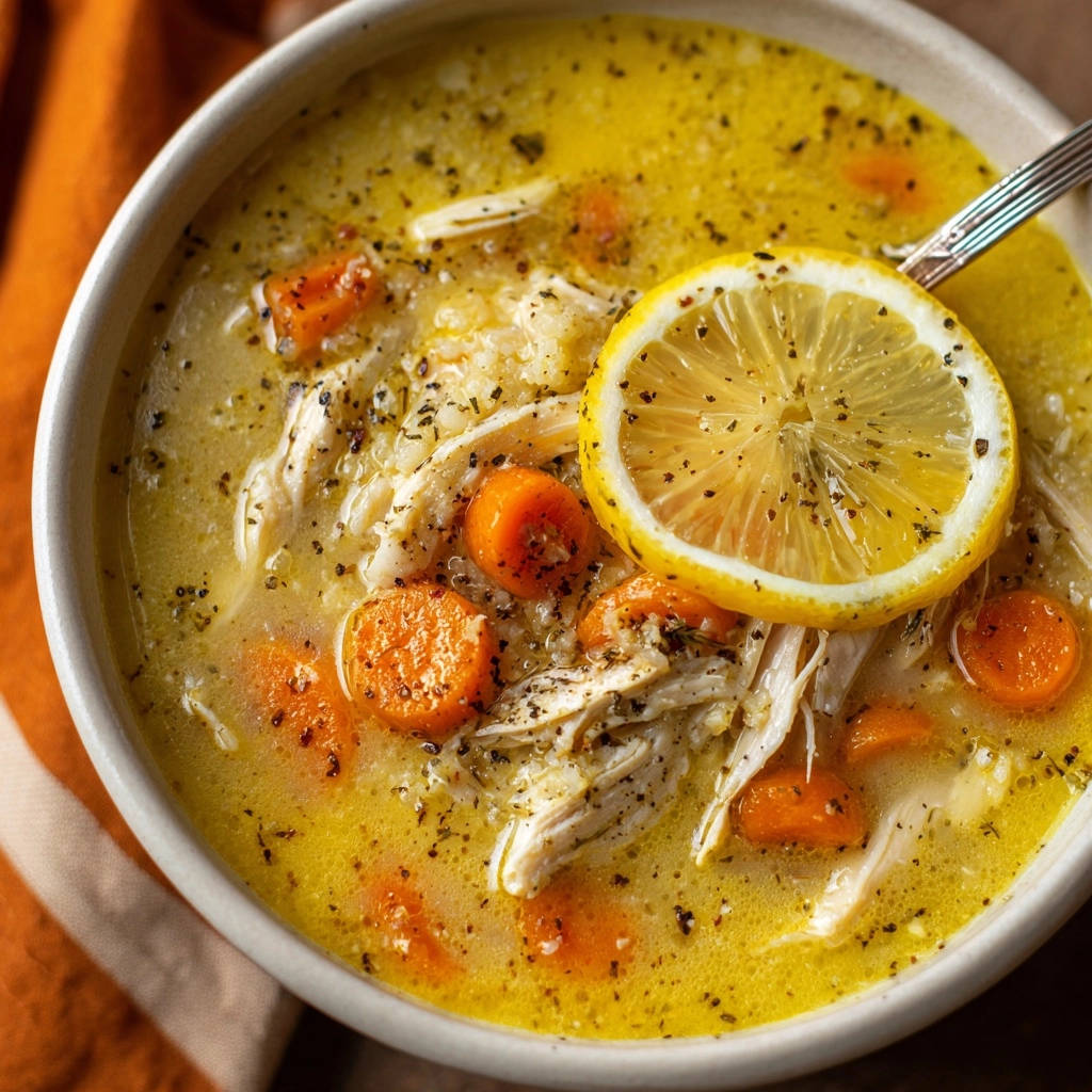 Cremige Zitronen-Hähnchensuppe mit Karotten und Reis garniert mit einer Zitronenscheibe in einer Schüssel