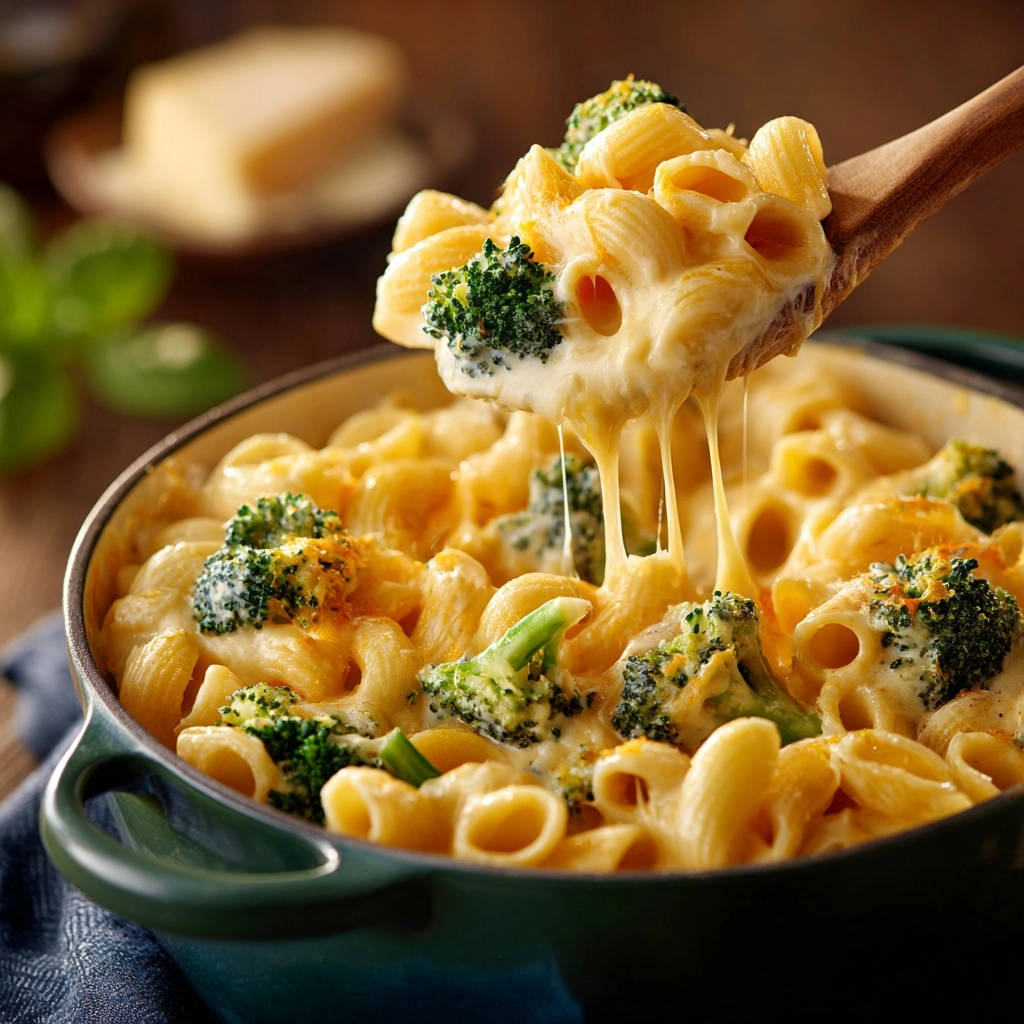 Cremige Brokkoli-Käse-Penne mit geschmolzenem Käse, herausgenommen mit einem Holzlöffel aus einer Auflaufform.