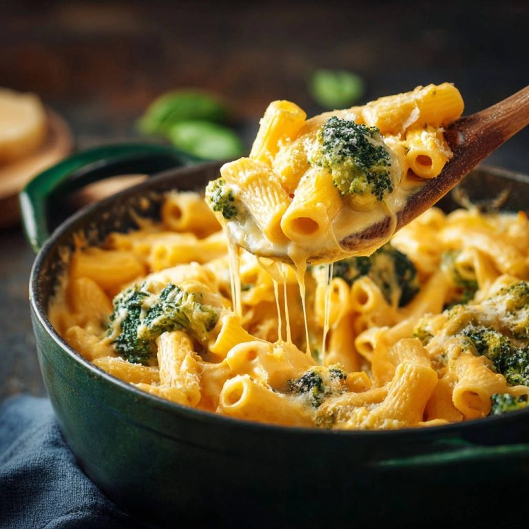 Cremige Brokkoli-Käse-Penne, wie sie auf einem Holzlöffel mit langen Käsefäden serviert werden.