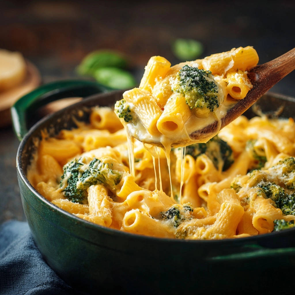 Cremige Brokkoli-Käse-Penne, wie sie auf einem Holzlöffel mit langen Käsefäden serviert werden.