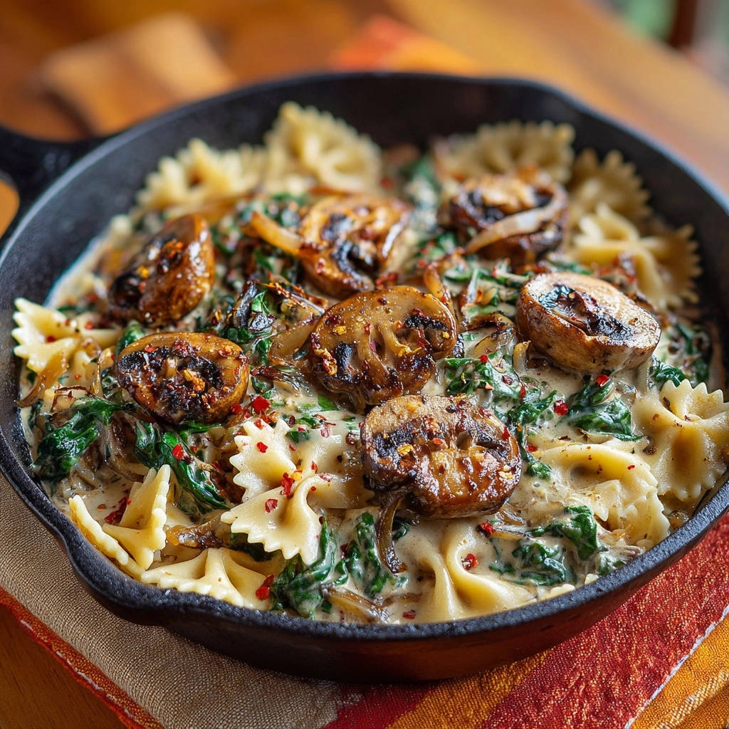 Cremige Farfalle mit Pilzen und Spinat, serviert in einer Gusseisenpfanne mit gebräunten Pilzen und roten Chiliflocken.