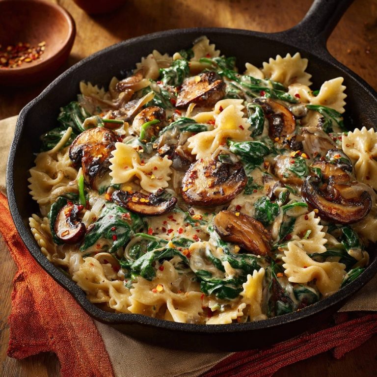 Cremige Farfalle mit Pilzen und Spinat, serviert in einer Gusseisenpfanne mit gerösteten Pilzen und roter Chiliflocken-Garnitur.