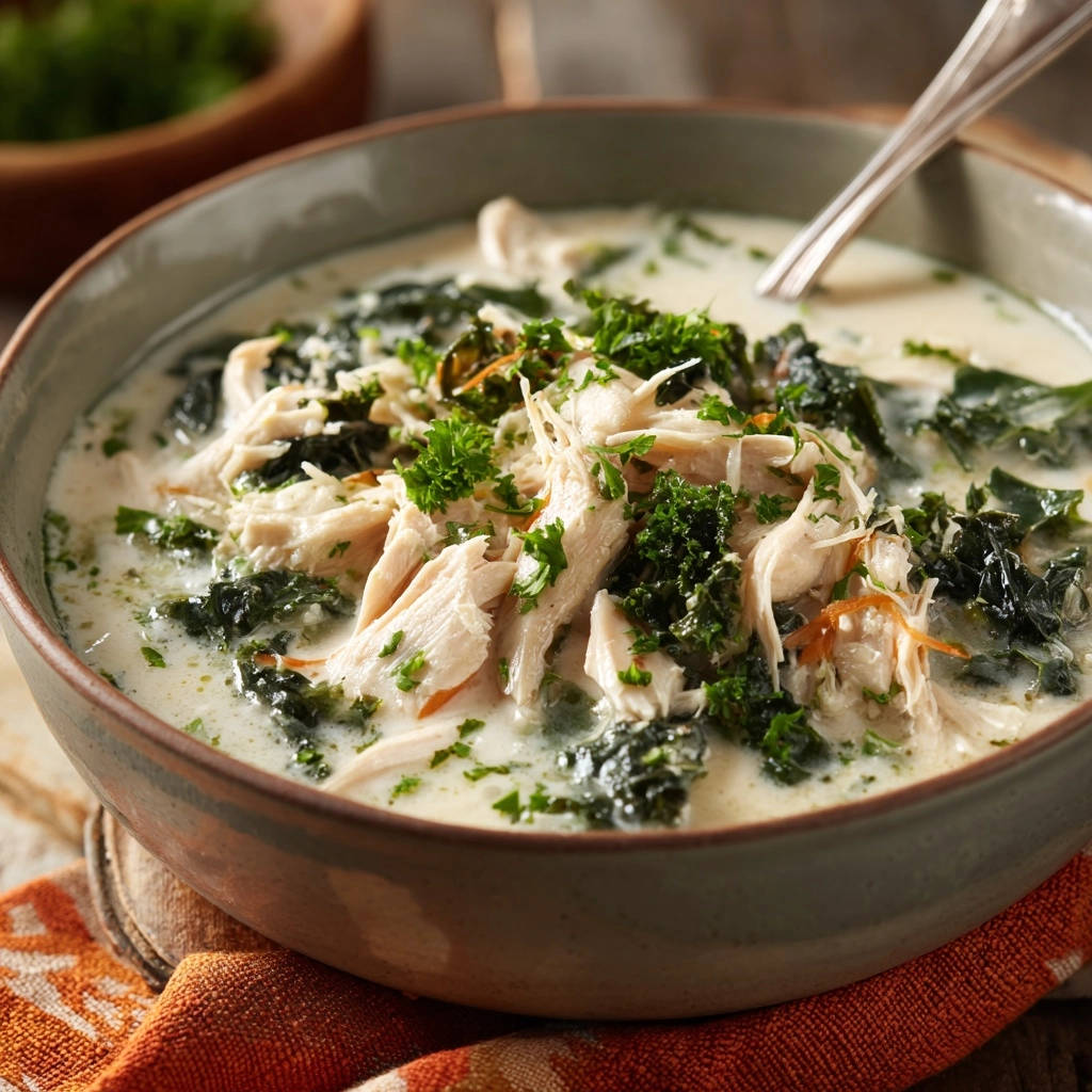 Cremige Hähnchen-Grünkohl-Suppe mit frischer Petersilie garniert, Nahaufnahme der Textur und des Hähnchens.