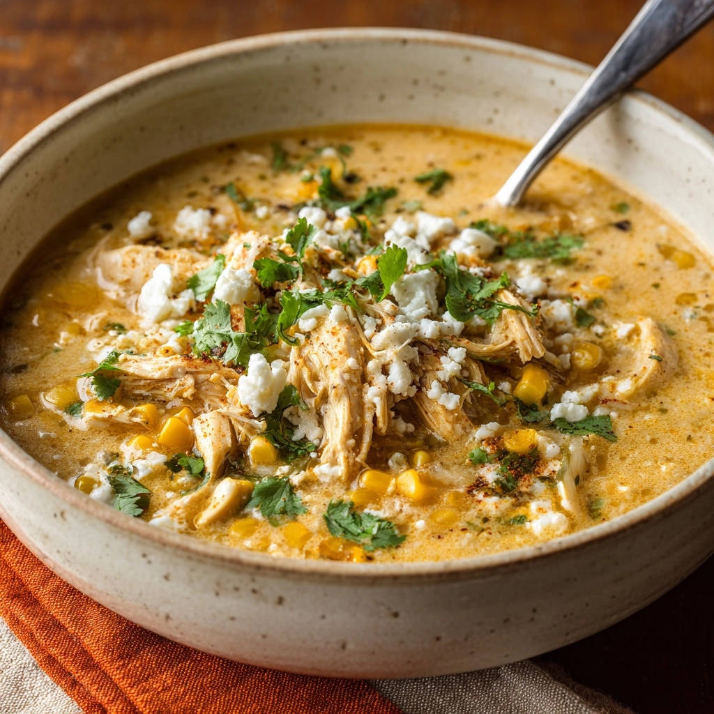 Cremige Hähnchen-Mais-Suppe nahaufnahme, garniert mit zerbröseltem Käse und frischer Koriander.
