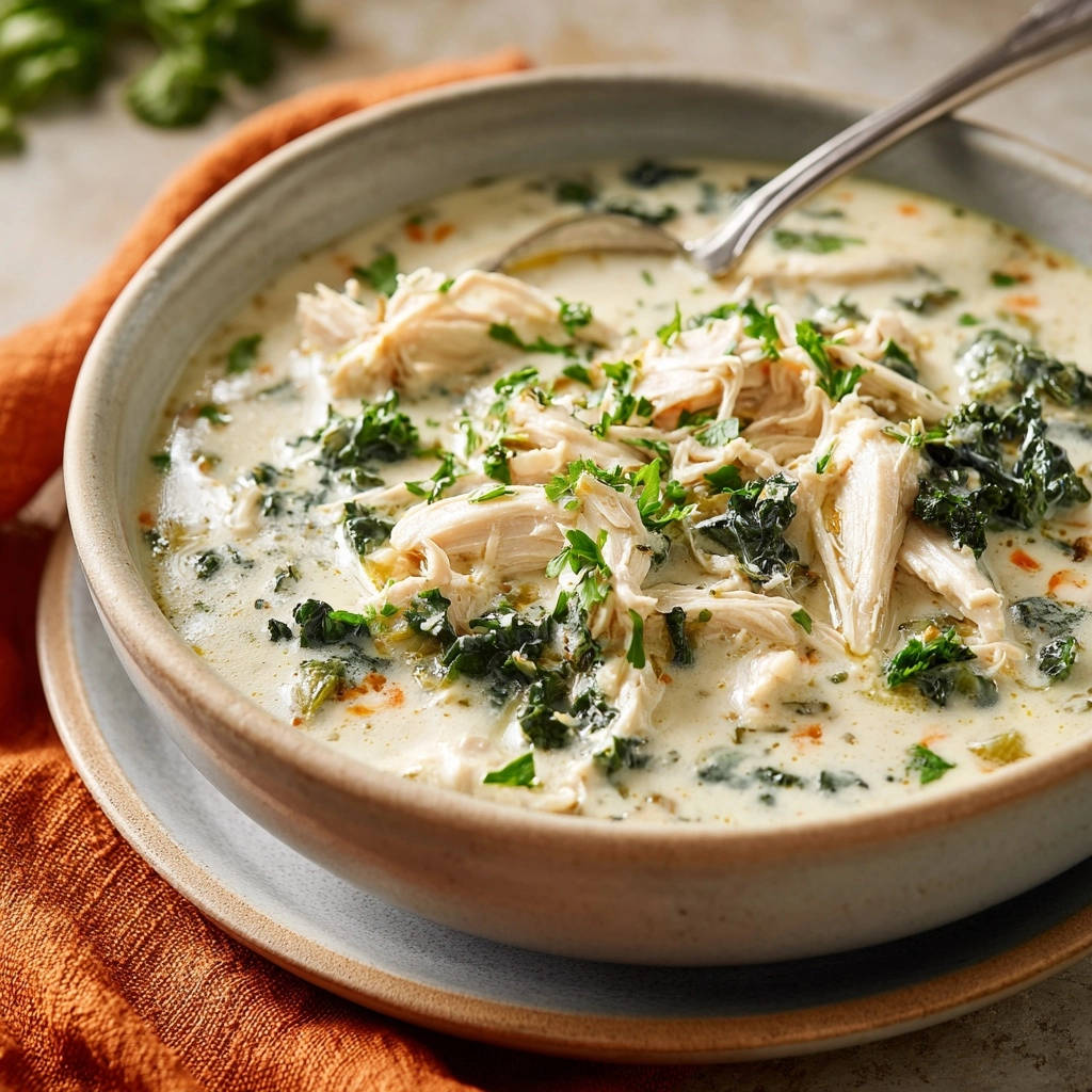 Cremige Hähnchen-Grünkohl-Suppe mit zarten Hähnchenstücken und frischer Petersilie, nahaufnahme von oben.