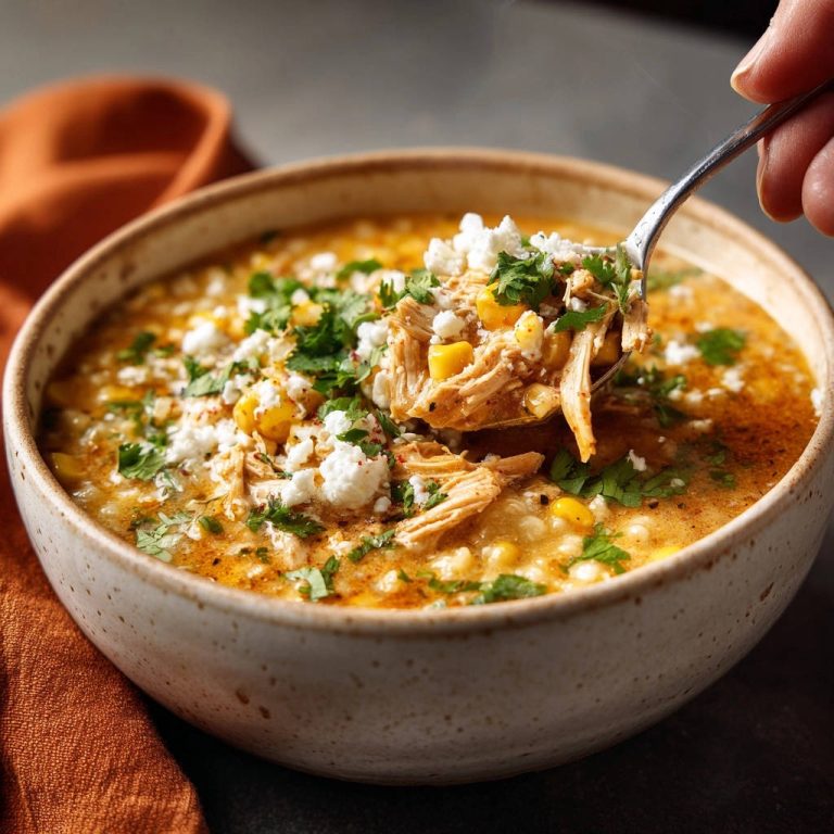 Cremige Hähnchen-Mais-Suppe, Nahaufnahme einer Löffelportion mit zartem Hähnchen und Mais, bestreut mit Käse und Koriander.
