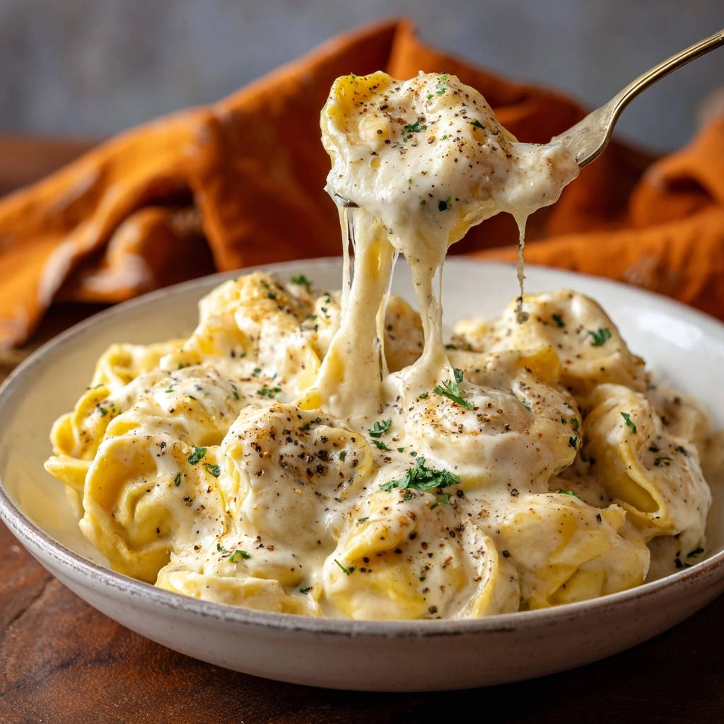 Cremige Käse-Tortellini als Nahaufnahme mit Käsezug, garniert mit Petersilie und Pfeffer.