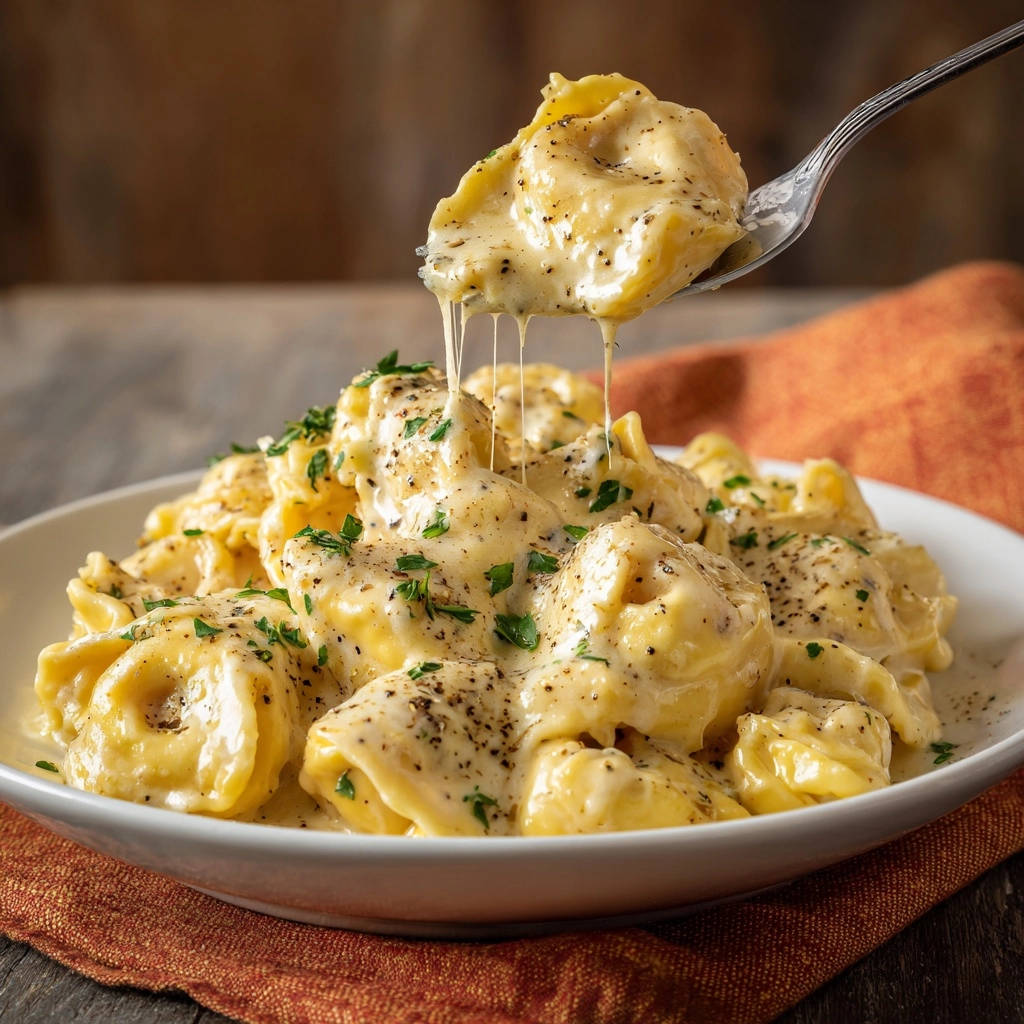 Cremige Käse-Tortellini mit einer Gabel herausgehoben, die von der cremigen Sauce überzogen sind und Käsefäden zeigen.