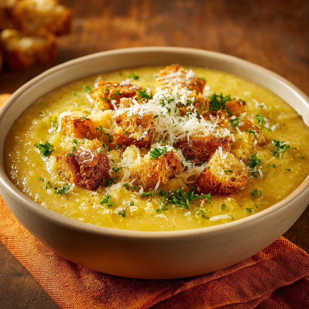 Cremige Kartoffel-Käse-Suppe mit Knusper-Croutons, garniert mit geriebenem Käse und Petersilie, Nahaufnahme.