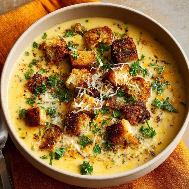 Cremige Kartoffel-Käse-Suppe mit Knusper-Croutons, garniert mit Petersilie und geriebenem Käse, in einer Schüssel serviert.