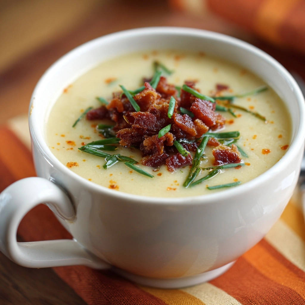 Cremige Kartoffel-Suppe mit krossem Bacon, garniert mit frischen Kräutern und Paprikapulver.