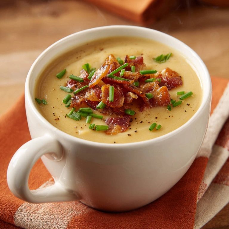 Cremige Kartoffel-Suppe mit krossem Bacon und Schnittlauch garniert in einer weißen Tasse.