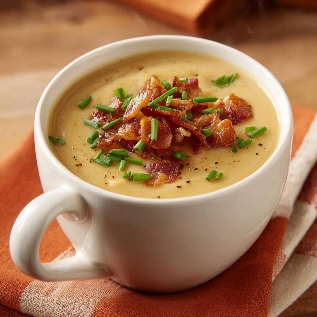 Cremige Kartoffel-Suppe mit krossem Bacon und Schnittlauch garniert in einer weißen Tasse.