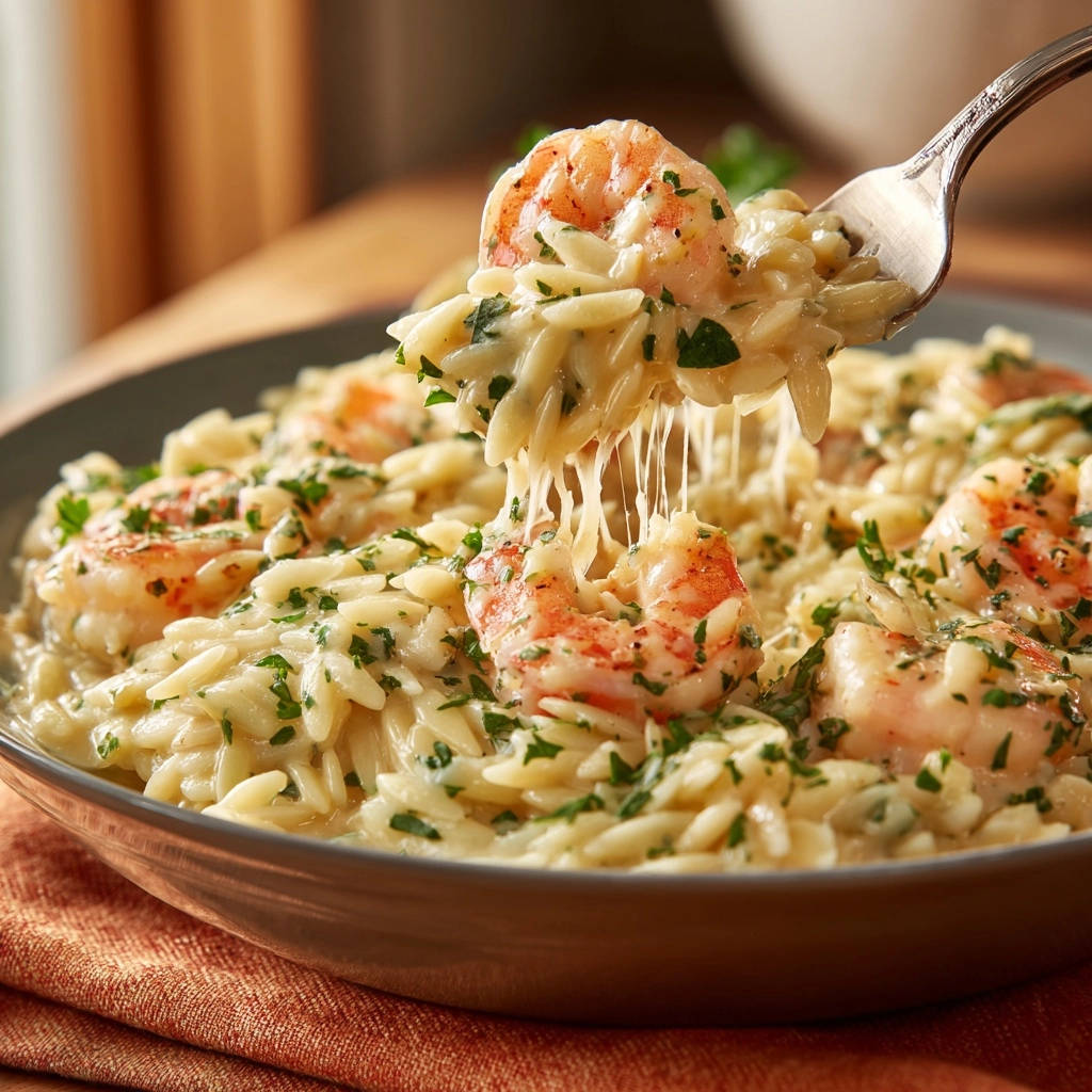 Cremige Orzo mit Garnelen, eine Gabel hebt eine Portion mit geschmolzenem Käse aus der Schüssel hervor.