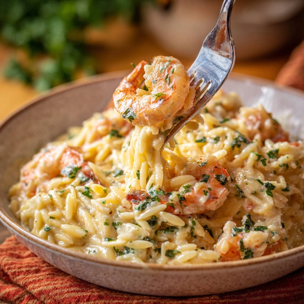 Cremige Orzo mit Garnelen, eine Gabel hebt eine Portion des Gerichts aus der Schüssel hervor.