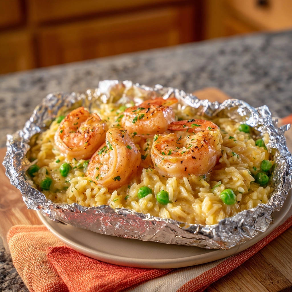 Cremige Orzo mit gebratenen Garnelen, serviert in einer detaillierten Folienform, garniert mit Petersilie.