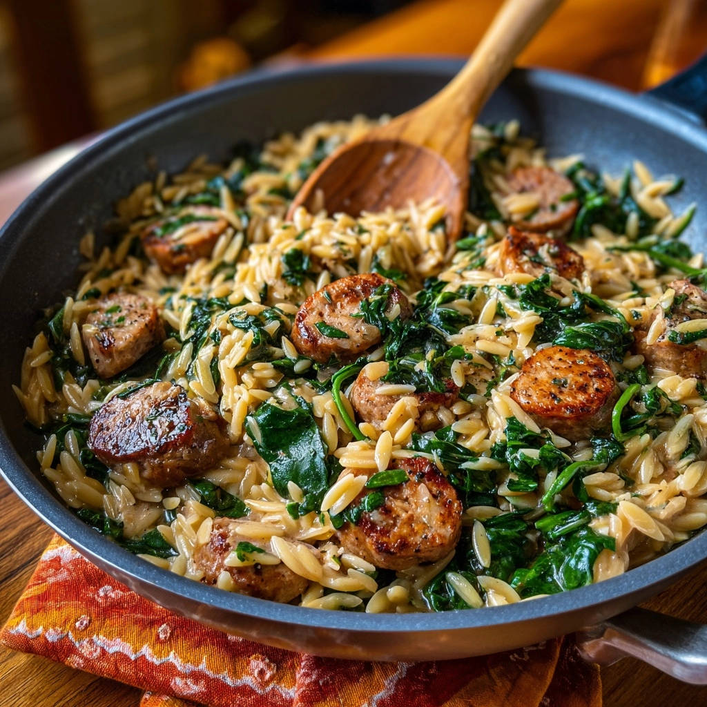 Cremige Orzo-Pfanne mit Wurst und Spinat, nahaufnahme der gebratenen Wurststücke und des Orzo-Pastas in der Pfanne.