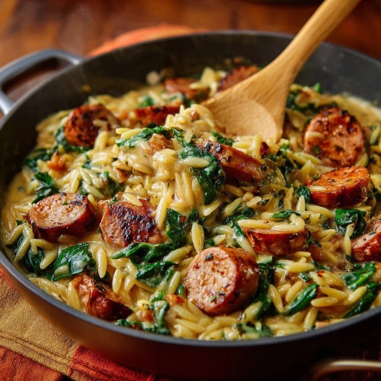 Cremige Orzo-Pfanne mit Wurst und Spinat, eine Nahaufnahme mit einem Holzlöffel, der in die Pfanne greift.