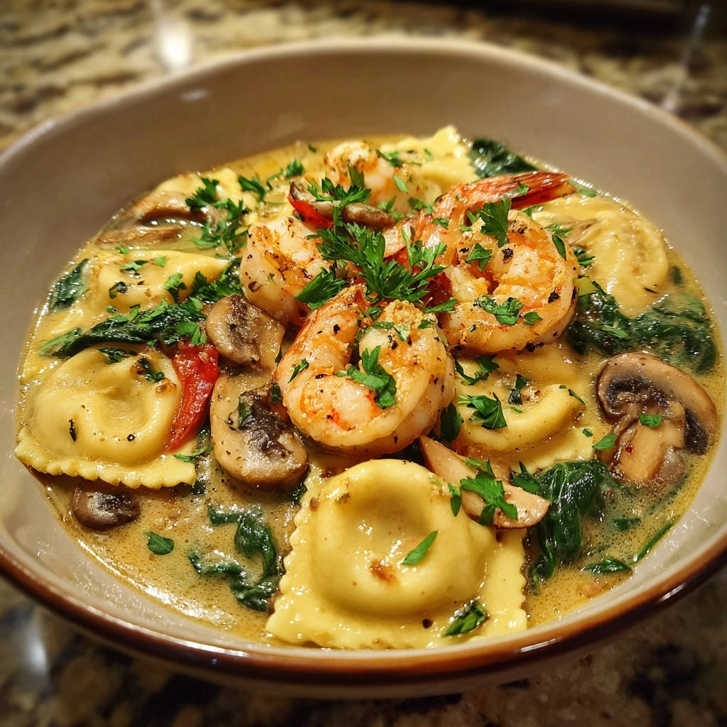 Cremige Ravioli mit gebratenen Garnelen und Pilzen, eine Nahaufnahme des servierten Gerichts mit frischer Petersilie garniert.