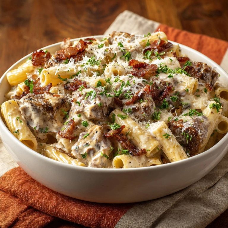 Cremige Rigatoni mit würzigen Fleischstücken und knusprigem Bacon, nahaufnahme der reichhaltigen Sauce und Garnitur.